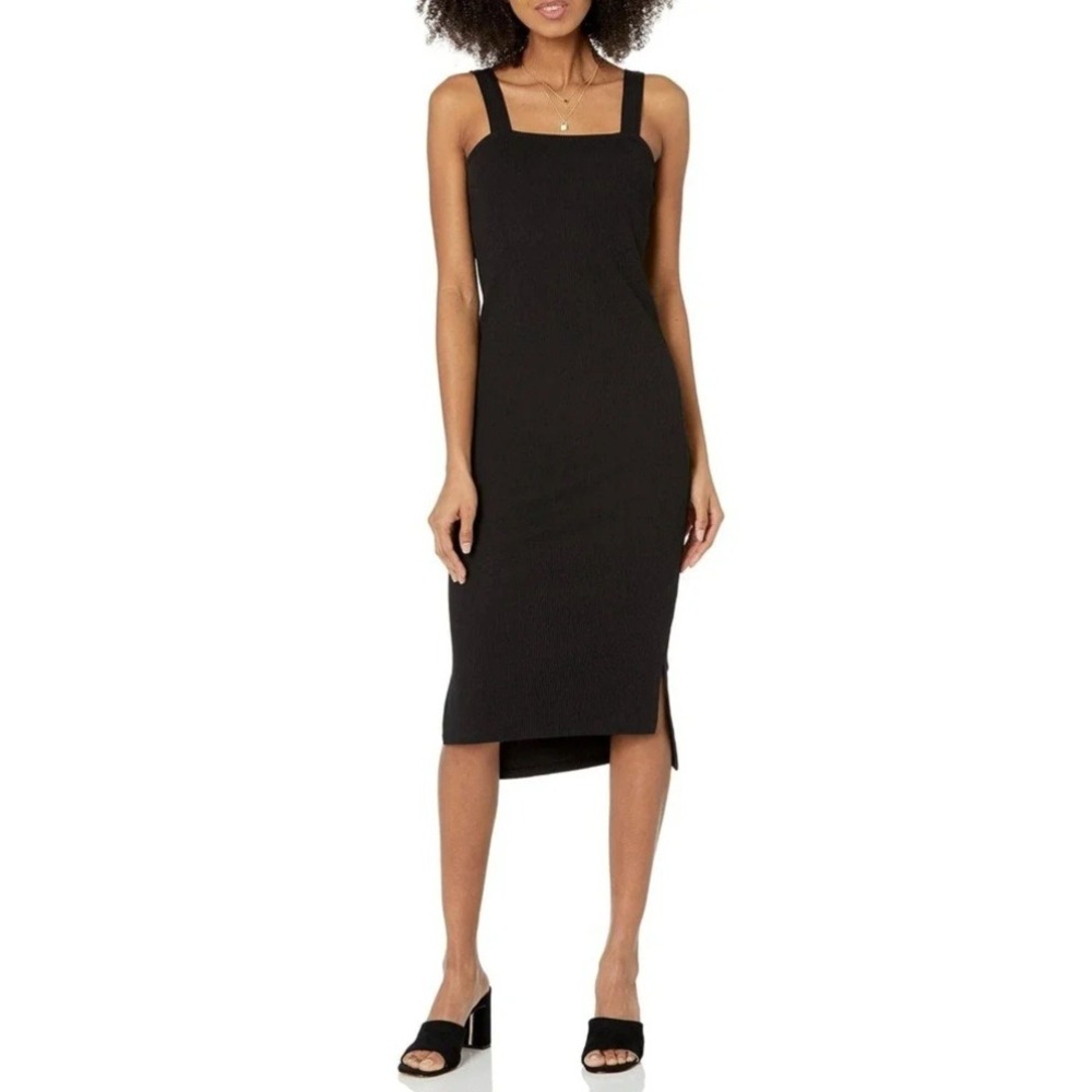The Drop Amelia Black Ribbed Midi Tank Dress Square Neck Side Slit Womens Size M